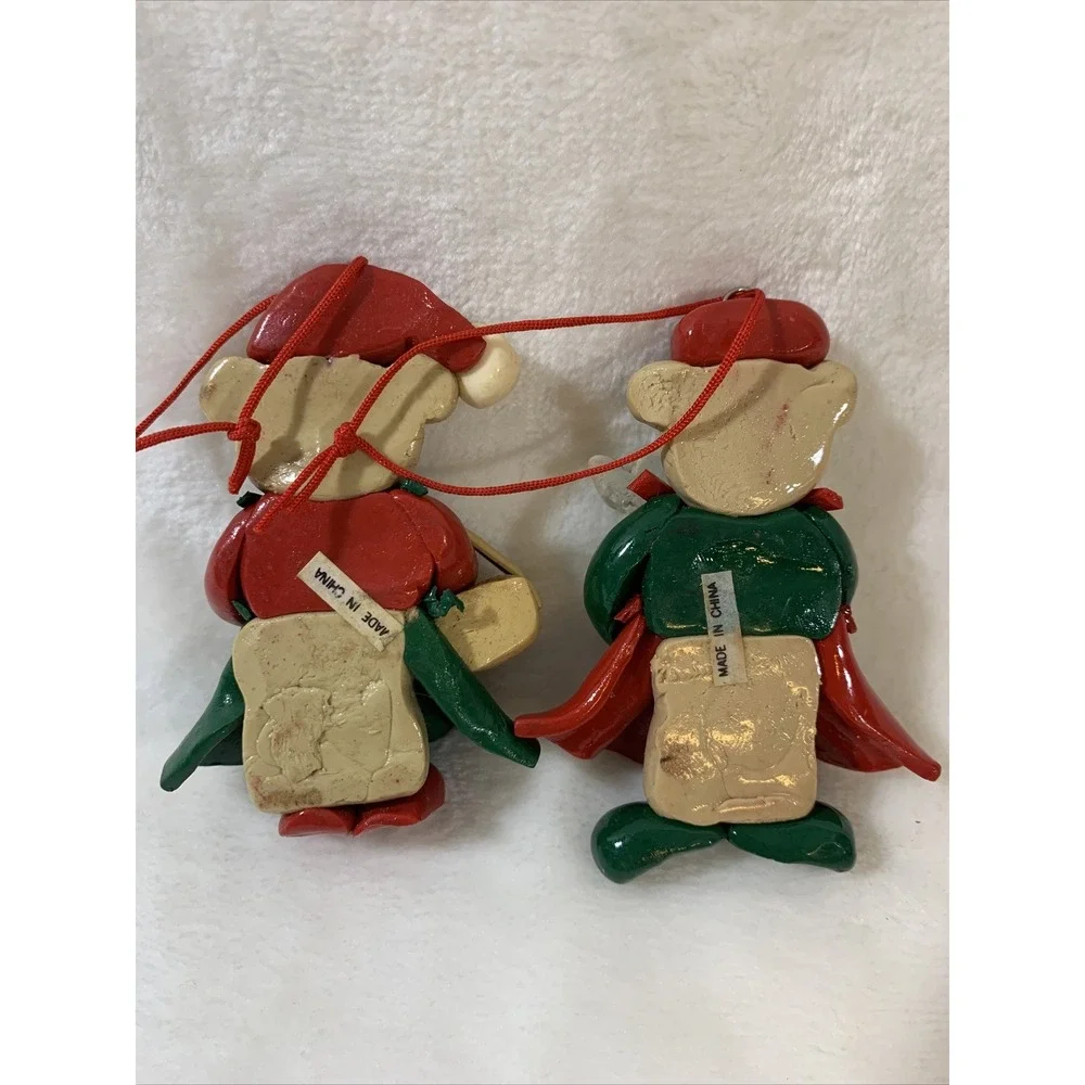 Lot Of 2 Vintage Glazed Salt Dough Type Christmas Bear Festive Holiday Ornaments